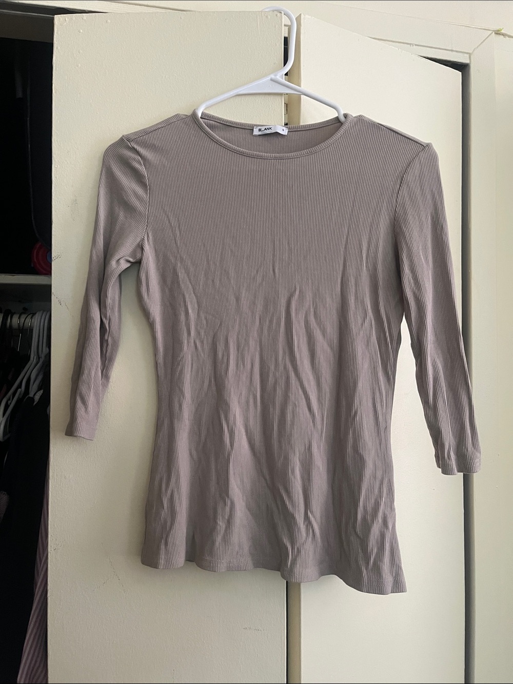 Blank NYC Taupe Ribbed Long Sleeve Crew Top